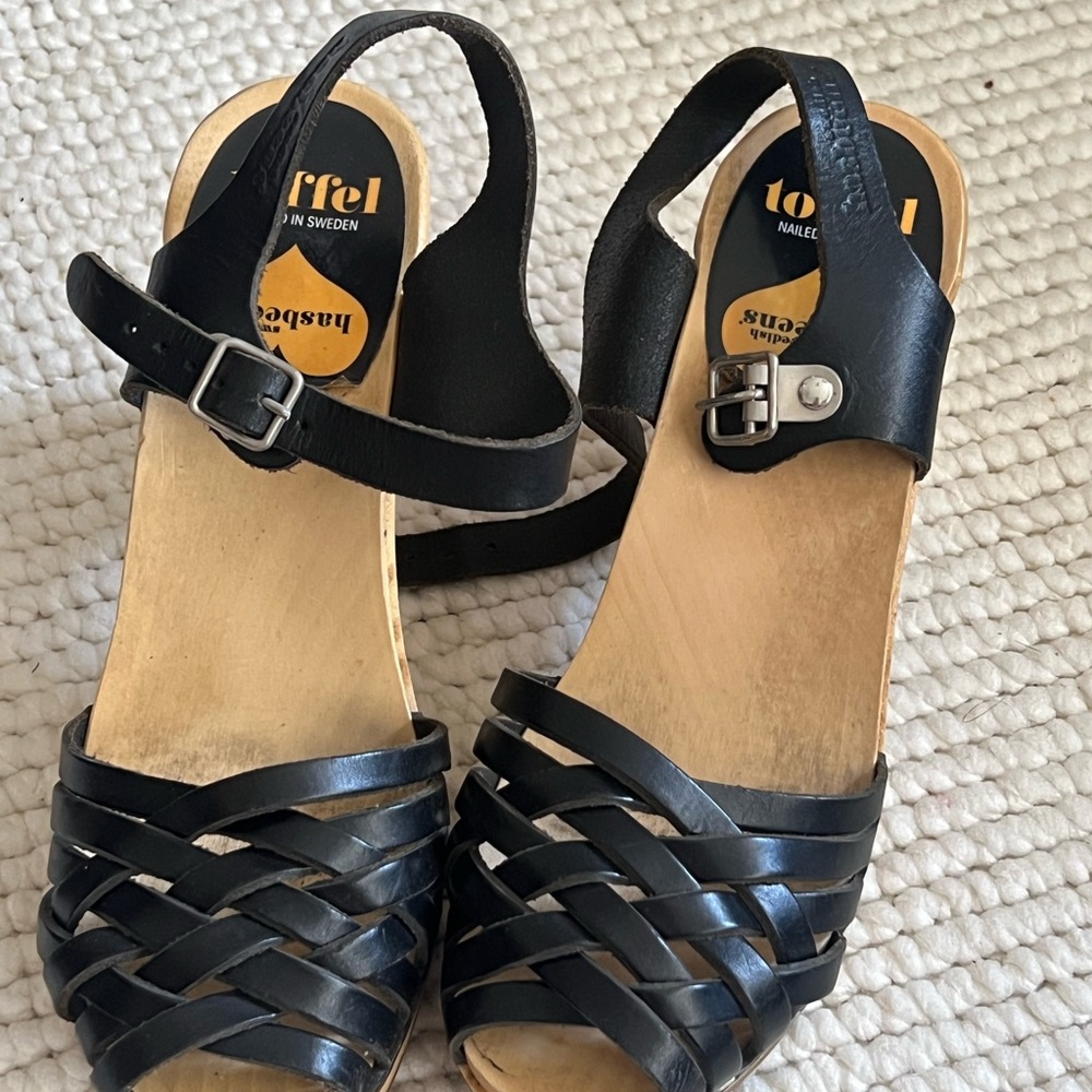 Swedish Hasbeens Black Leather Mules